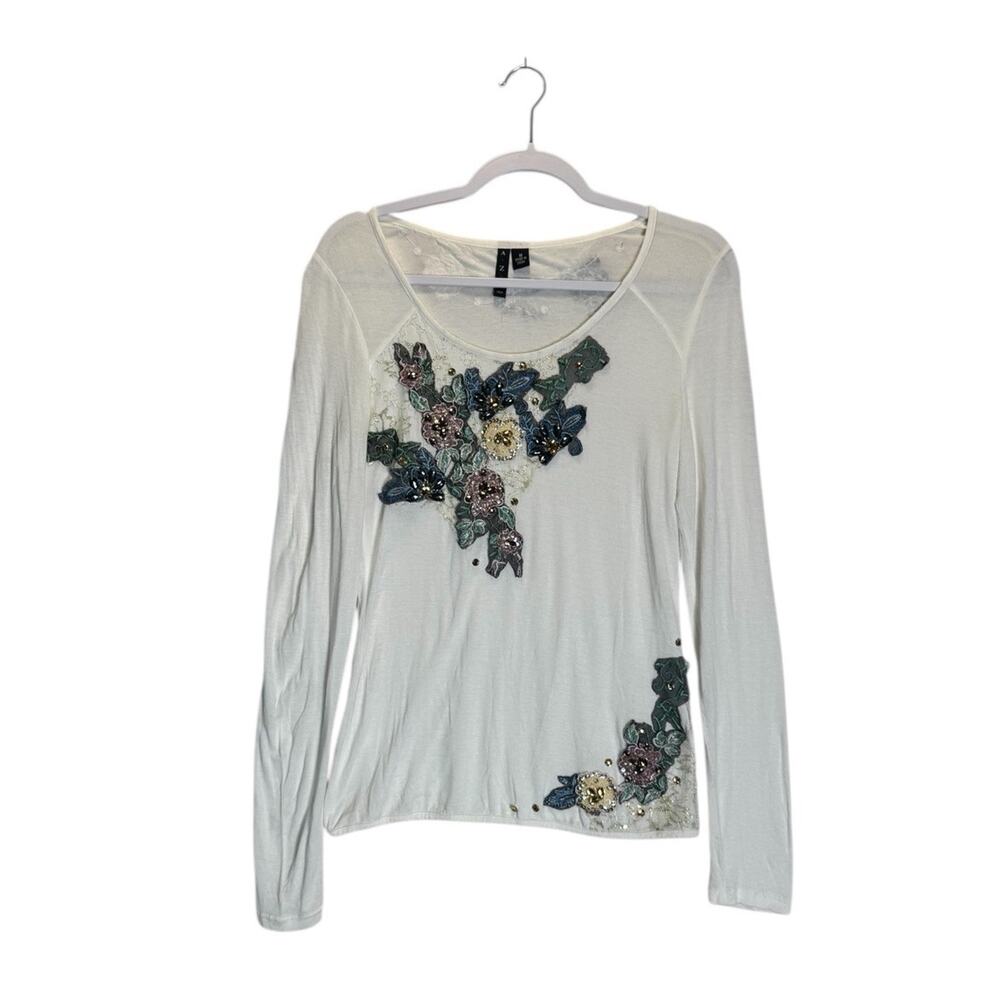 AZI Jeans Womens White Boho Indie 3D Floral Appliqué Top Artsy Beaded Sz Medium